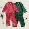 Kids Pajama Sets Contrast Color Trim Long Sleeve Lapel Neck Button-up Tops Long Pant Loungewear Set