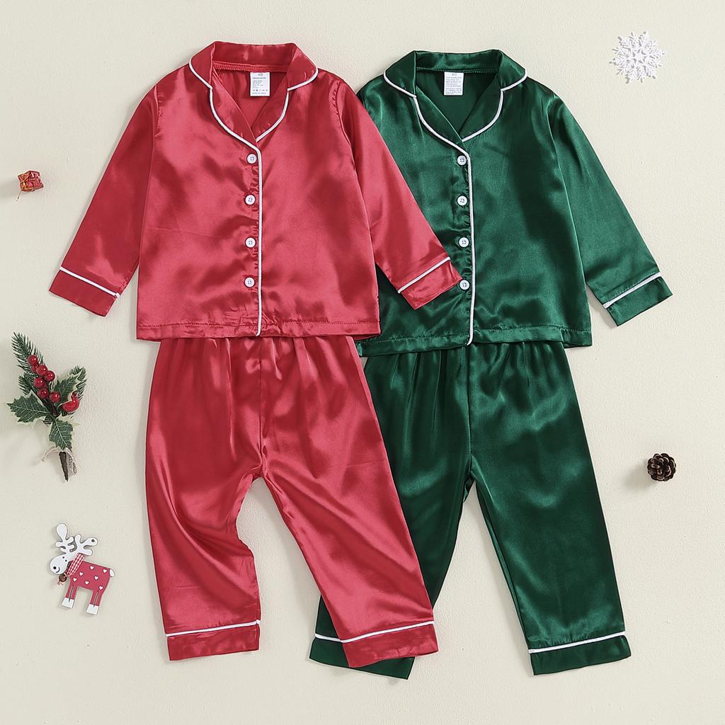 Kids Pajama Sets Contrast Color Trim Long Sleeve Lapel Neck Button-up Tops Long Pant Loungewear Set