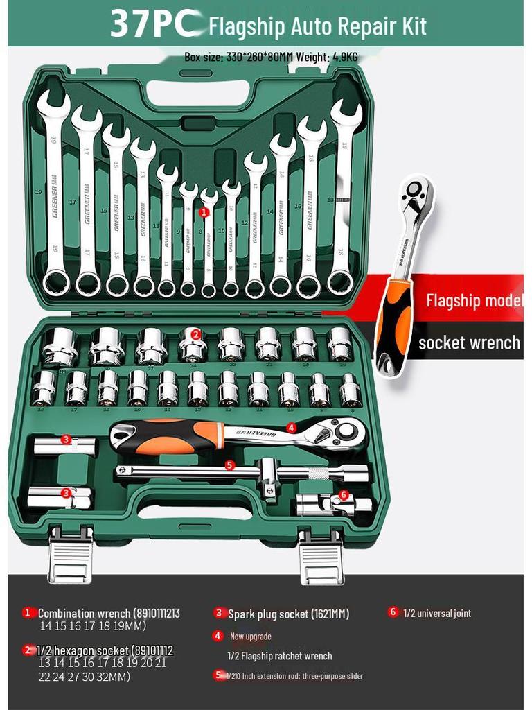 Green Forest Auto Repair Tool Set: Socket Wrench, Ratchet, Combination Tool Box.