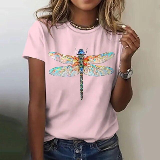 Damska koszulka 3d Dragonfly Printed Girls Top Street O-Neck z krótkim rękawem modna koszulka letnia codzienna koszulka dla kobiet