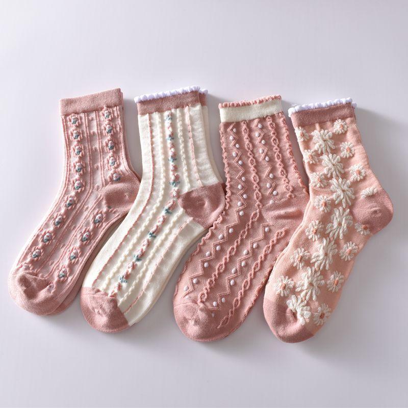 5 Stück/weiße florale Mid-Tube-Socken für Damen, trendige japanische Pudernebelfarbe, Student Loli Spring, dünner Abschnitt, JK-Socken, Pink, Neu