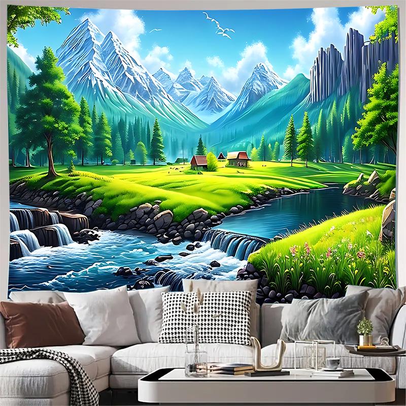 Cartoon Mountain Valley River Landscape Wall Tapestry Machine Washable All Season Decor Art Print Nature Design Home Bedroom