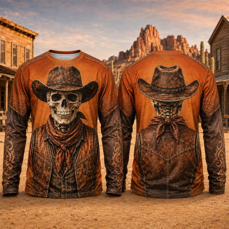 Halloween Novelty Long Sleeve T Shirt Men 3D Print Retro Cowboy Skeleton Graphic Tee Fashion Party Daily Street Casual New Top