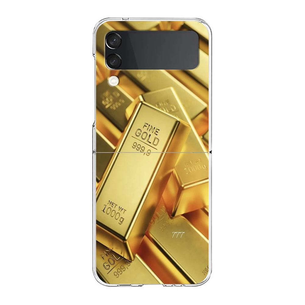 Phone Case For Samsung Galaxy Z Flip 7 6 5 4 3 Clear Hard Folding Cover For Samsung Z Flip6 Flip5 Flip4 Gold Money Pattern