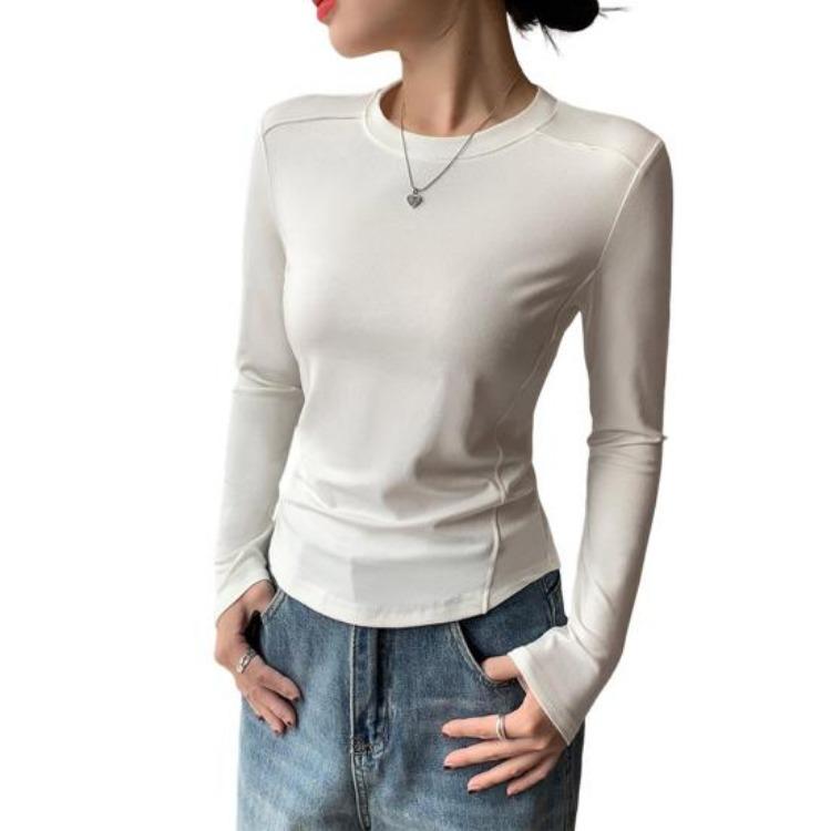 Soft Elastic Pullover Tops Women Long Sleeve Round Neck Slim Fit Base Shirt Solid Color Daily Wear Tops