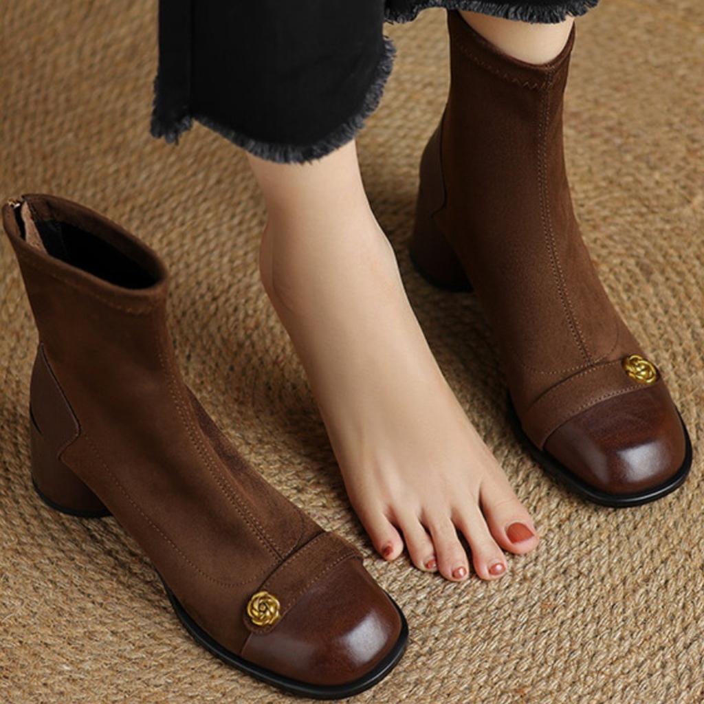 French retro splicing elastic thin boots women's autumn and winter new camellia round head thick heel short boots high heel Martin boots