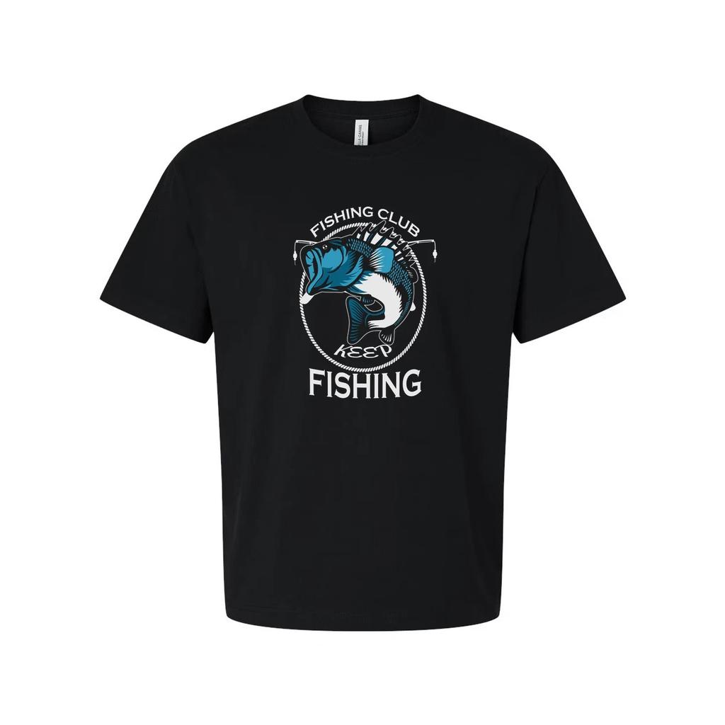 Unisex Fishing Club Graphic T Shirt With Blue Fish Emblem And Keep Fishing Logo