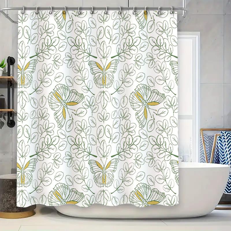 

Hand-Painted Bath Shower Curtain Waterproof Home Decor Butterfly Leaf Print Black Rod Pocket Size:180cm*245cm Green Yellow White 90x180cm