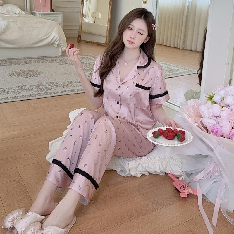 Summer Ice and Snow Silk Pajamas Women's Suit Short Sleeve Trousers Sweet Girl Pink Bow Lace Homewear Douyin