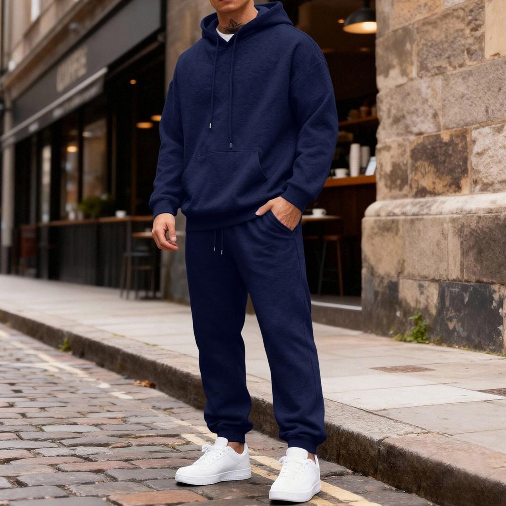 Men's Color Hoodie and Jogger Pants Set with Elastic Waist and Cuffed Ankles for Casual Wear