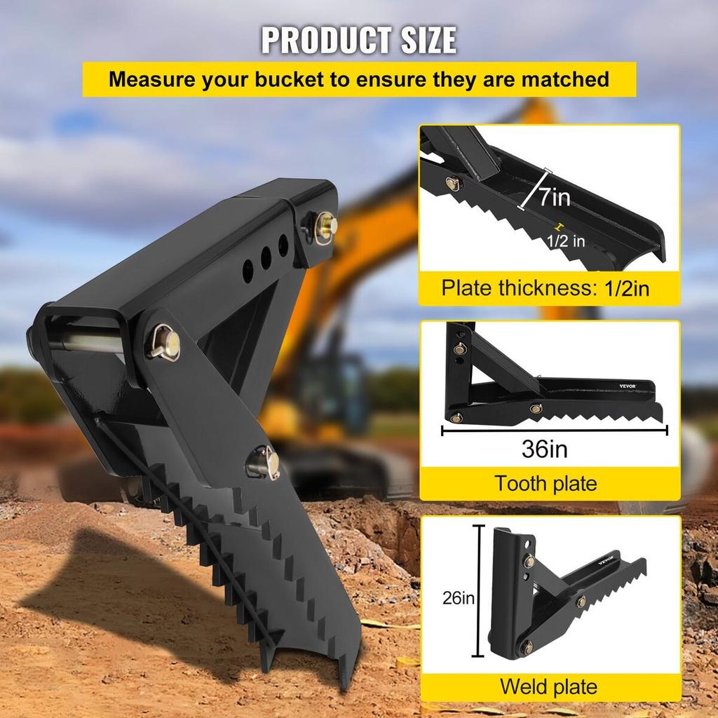 Backhoe Excavator Thumb Attachments, 36 Inch Adjustable Extreme Weld On Backhoe Thumb Hoe Clamp 1/2 Inch Teeth Thick Steel Plate 16MM Assembly Bolt-On