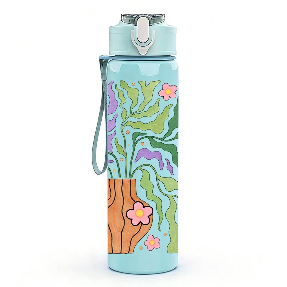 1PC Green Purple Abstract Leaf Pattern Print 750ml Color Plastic Sports Water Bottle Leakproof Flip Straw Lid Suitable for Sports Office Home Use