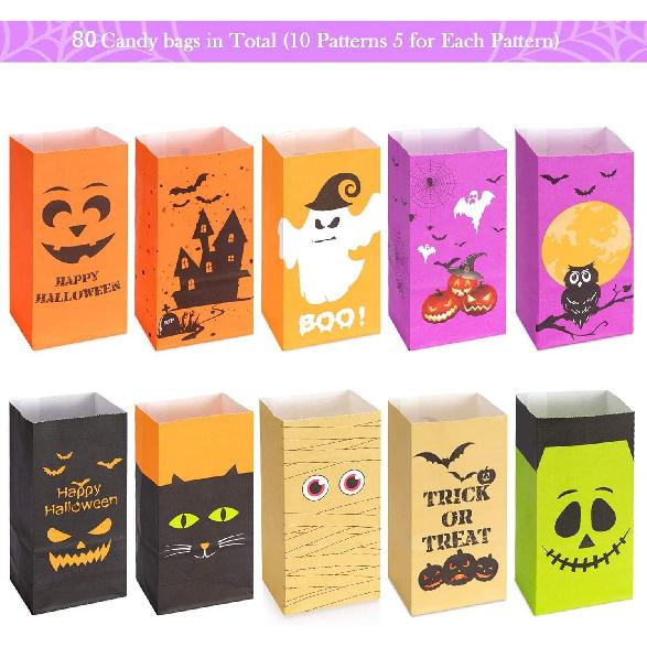 Halloween Treats Bags Party Favors 80 Pcs Kids Halloween Candy Bags for Trick or Treating + 84 Pcs Stickers, Mini Paper Gift Bags for Treats Snacks,