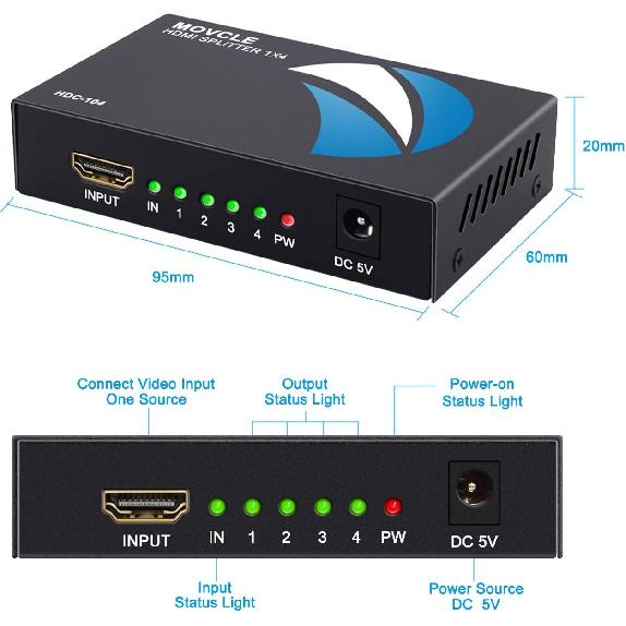 HDMI Splitter 1 in 4 out Full Ultra HD 1080P 4K/2K 1X4 Port Box Hub with US Adapter v1.4 Powered Certified for 3D Support