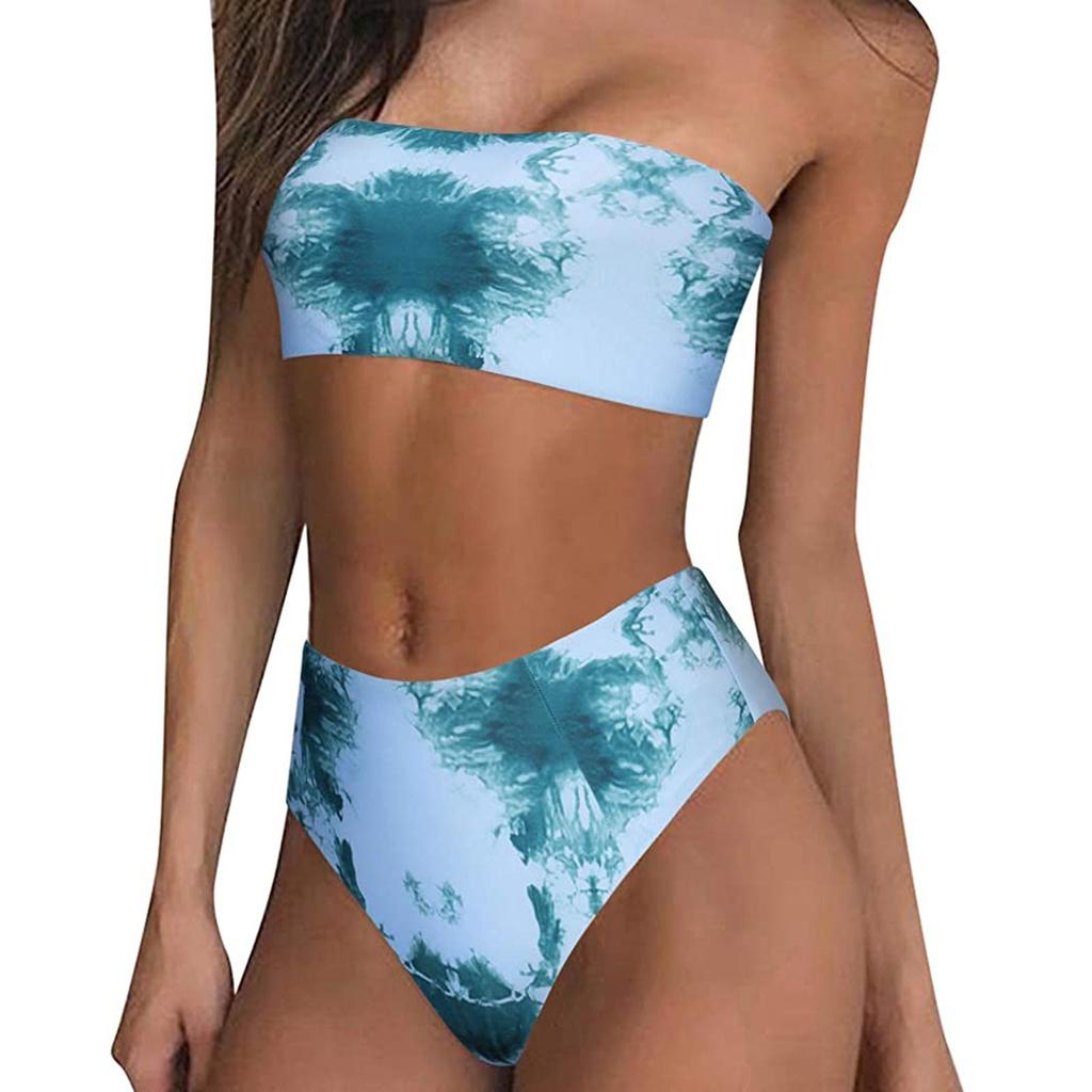 Women's Two Piece Bikini Set Bandeau Top with Removable Padding High Waist Bottom Tropical Leaf Print Swimwear