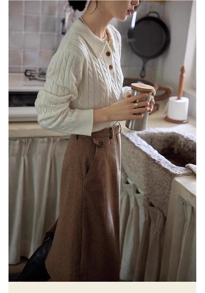 French Retro Wool Cable Knit Lapel Sweater - Women's Autumn Winter Cashmere Polo Collar Top