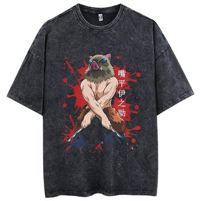 Anime Printed Acid Washed T Shirt 100% Cotton Short Sleeves Streetwear Tops Vintage Manga Fashion Oversized