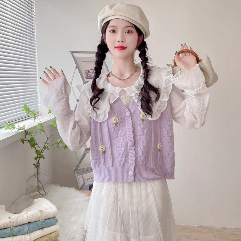 

Колледж стиль ниша нерегулярный дизайн цветочный свитер женский весна новый корейский свободный трикотажный жилет One Size фиолетовый