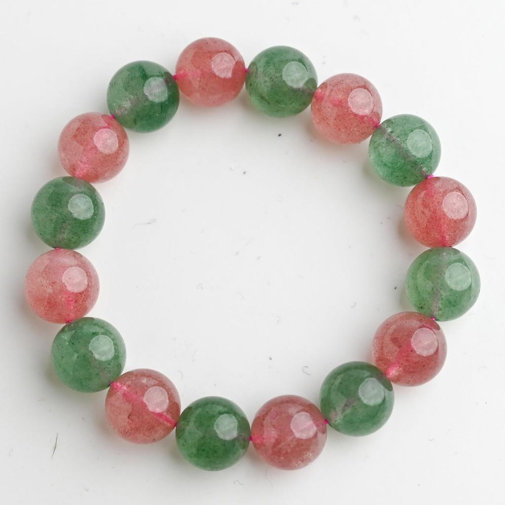 Eigado Strawberry Green Quartz 16 Inner Natural Power Good Luck & Bracelet, Beads, 13mm, Diameter Approx. 17cm, Stone, Stone, Charm,