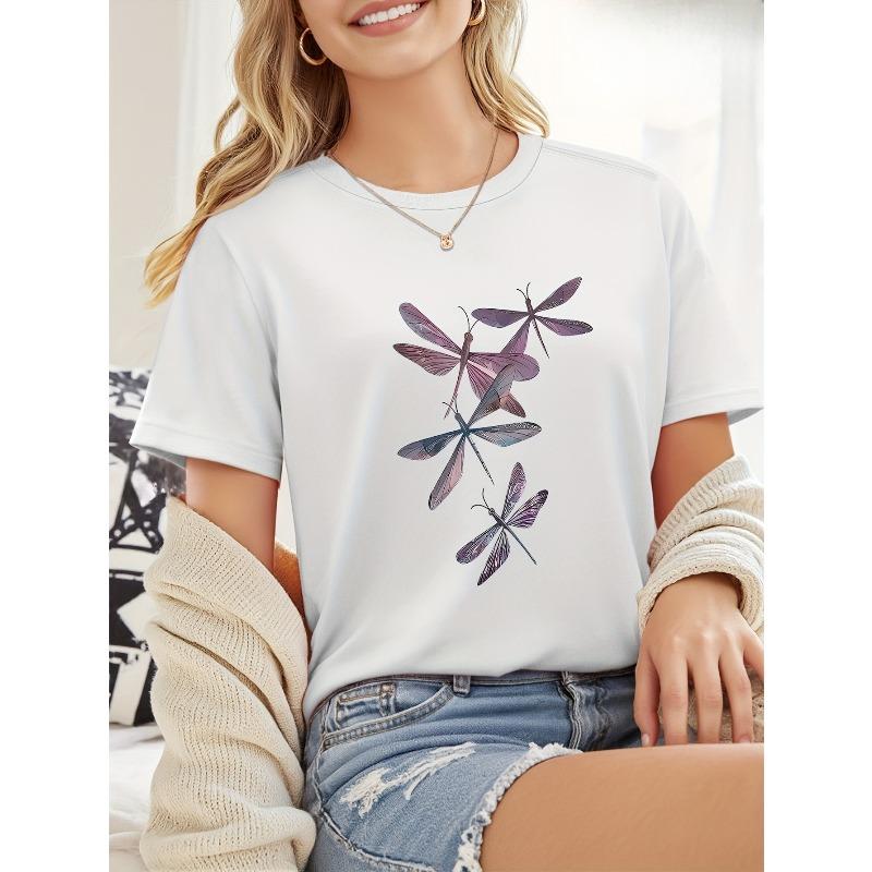 European sizes Dragonfly Series Printed Round Neck Short Sleeve