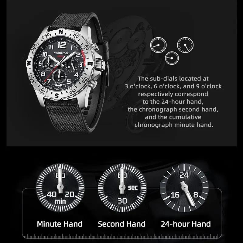 NORTH EDGE MACH 2 Men's Watches Solar Power 316 Stainless Steel Case Quartz Watch For Men Pilot Waterproof 50M Stopwatch