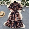 Light luxury European and American style high-end printing bubble sleeve dress women's summer strap waist royal sister temperament big swing dress