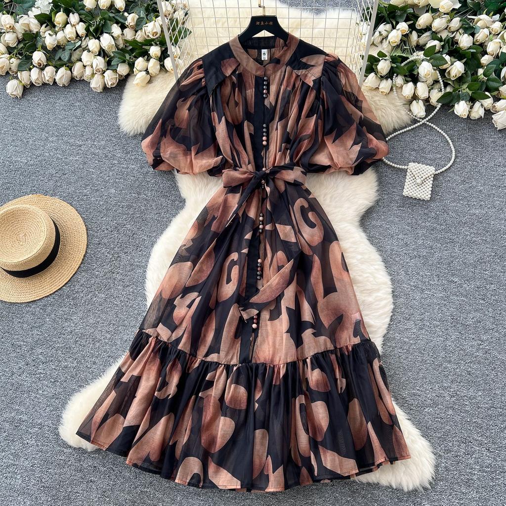 Light luxury European and American style high-end printing bubble sleeve dress women's summer strap waist royal sister temperament big swing dress