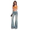 Spring Summer Light Blue Rhinestone Low Waist Non Cling Soft Stretch Micro Flare Slim Denim Pants Women Casual Pants Oversize Denim Trousers