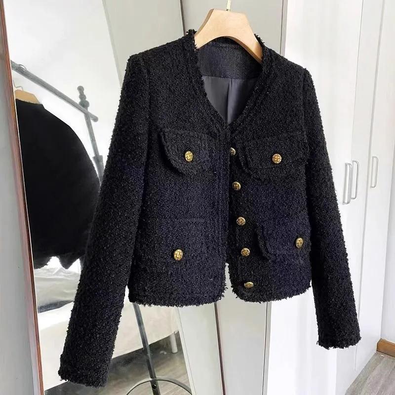Women Spring Autumn Elegant Socialite Long Sleeve Blacktweed Style Cropped Jacket Thin Regular Crew Neck Jacket