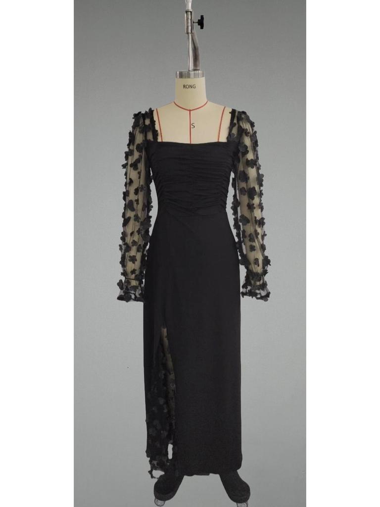 Cross-border Spring/Summer Mesh Long Sleeve Evening Gown with Waist-Cinching Slit and 3D Floral Design for Banquets