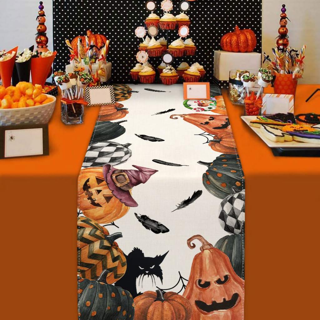 Halloween Party Linen Table Runner Happy Halloween Decoration For Home Kids Trick Or Treat Pumpkin Bat Horror Party Supplies