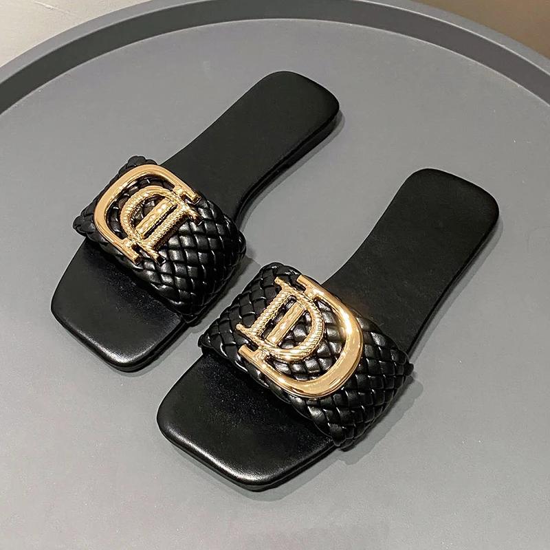 Fashion Women Slippers Party Sexy Elegant Slippers Women Luxury Decor Weave Designer Flat Sandals Fashion Open-toe Vacation Slides Women