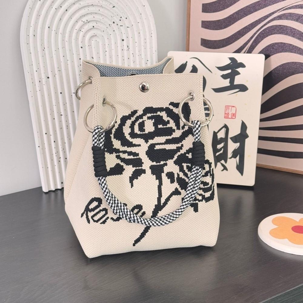 Portable Cartoon Knitted Bucket Bag Handmade Large Capacity Wrist Bag Woven Ring Buckle Handbag for Women Girls