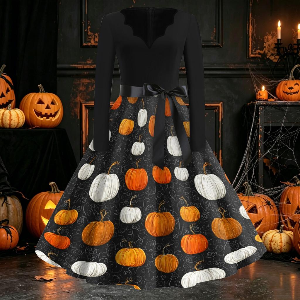 Women's Casual Long Sleeve V Neck Dress Vintage Style Halloween Pumpkin Print Flared Skirt Midi Dress with Waist Tie