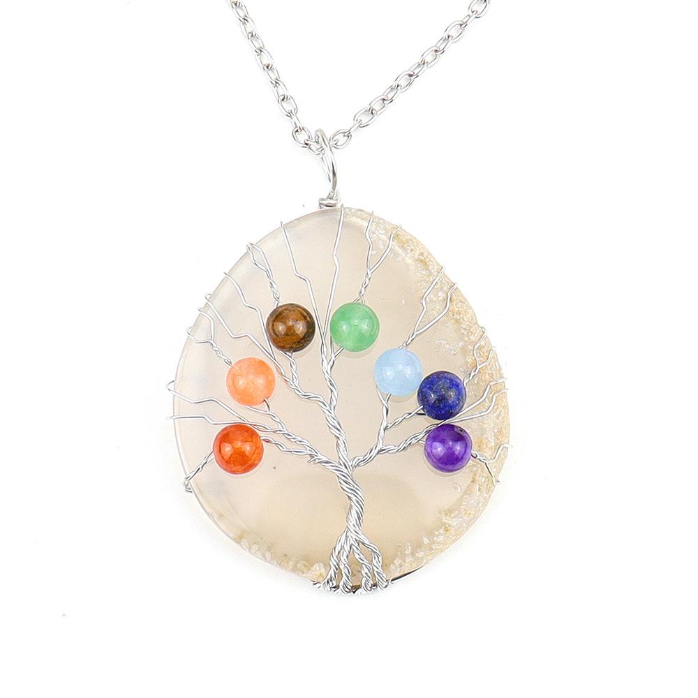 Handmade Silk Winding Tree Of Life Colorful Beads Natural Agate Sheet Pendant Necklace N634