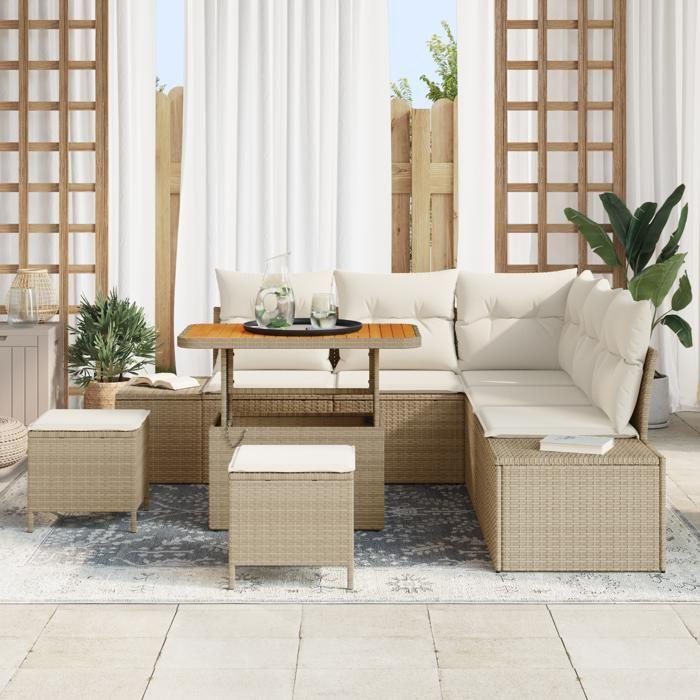 Ensemble de canapé de jardin vidaXL 8 pièces avec coussins beige en poly rotin acacia, Canapé de jardin 2 places vidaXL 3362786
