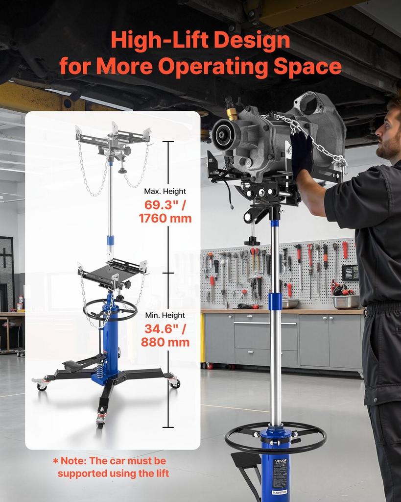 Hydraulic Transmission Jack, 1660 Lbs / 0.75 Ton Lifting Capacity Telescoping Transmission Jack with Foot Pedal, 360° Swivel Wheel, 88-176 Cm High