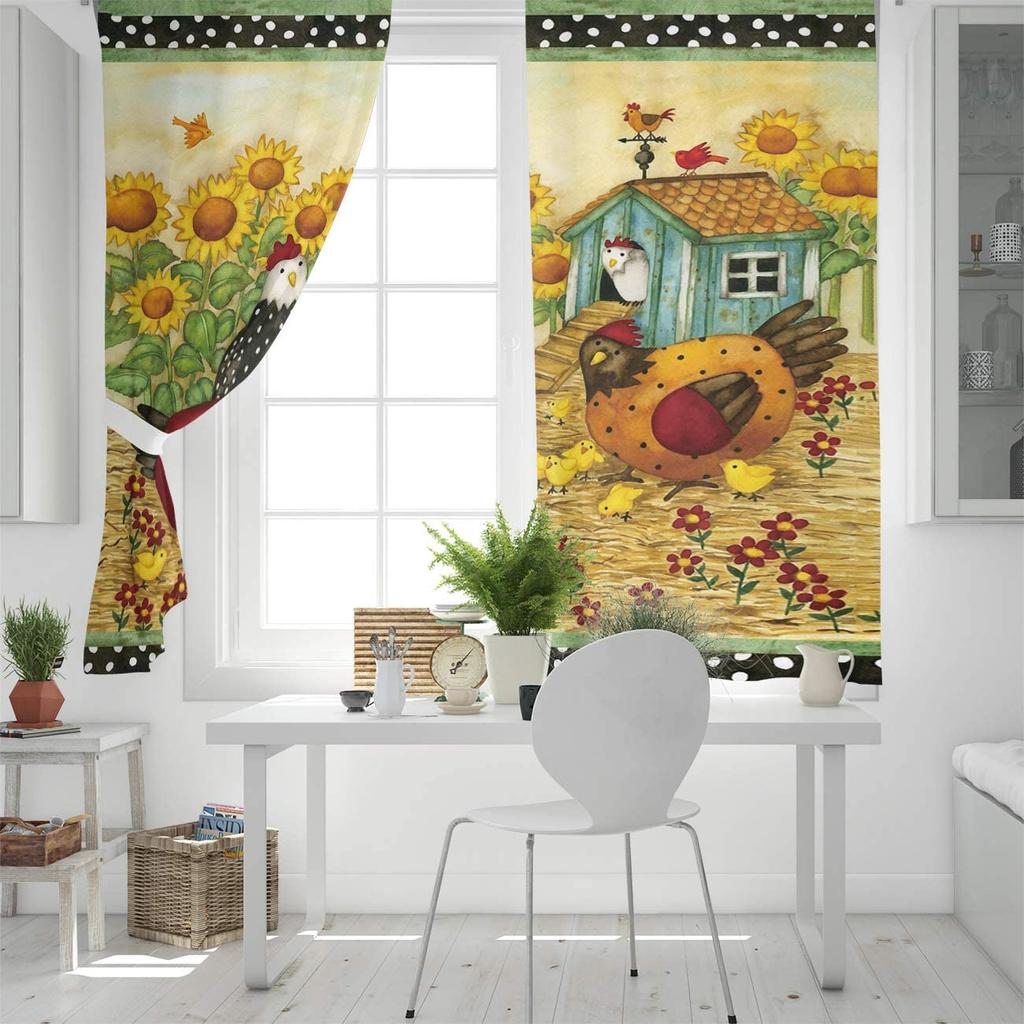 Farm Life Rooster Hen Sunflower Home Decor Window Curtains Bedroom Kitchen Curtain Panel Curtains for Living Room