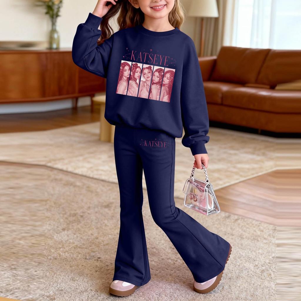 Kids Printed Long Sleeve Neck Top and Pants Set, Casual Loose Fit Outfit for Boys Girls