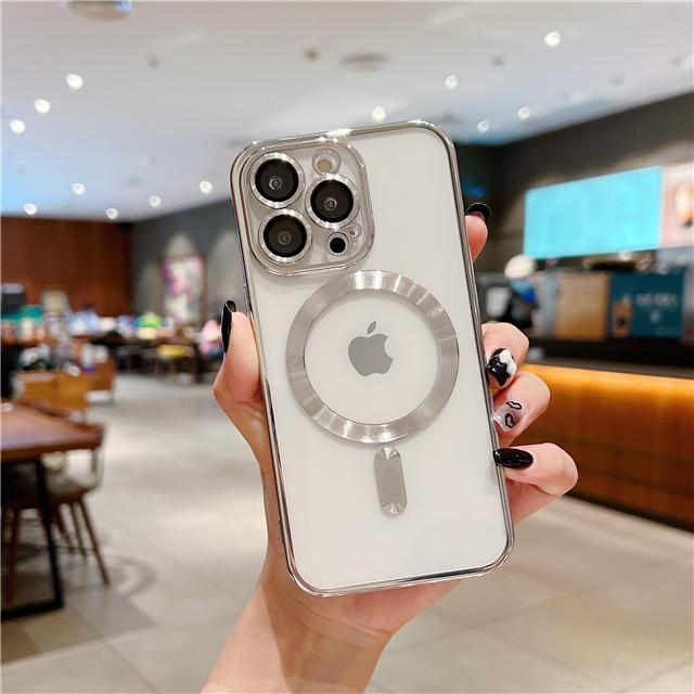 For iPhone 15 16 Pro Max Luxury Magsafe Magnetic Plating Frame Transparent Phone Case For iPhone 11 12 13 14 15 Plus Lens Cover