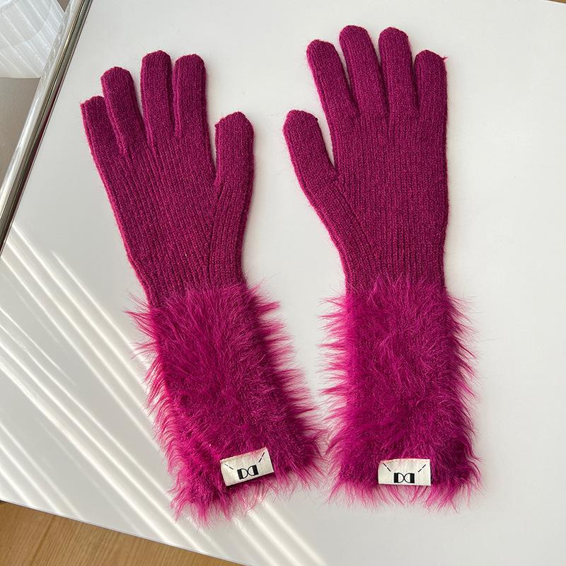 Autumn and winter dopamine solid color warm five-finger gloves versatile knitted cute student girl sweet long cycling sleeves