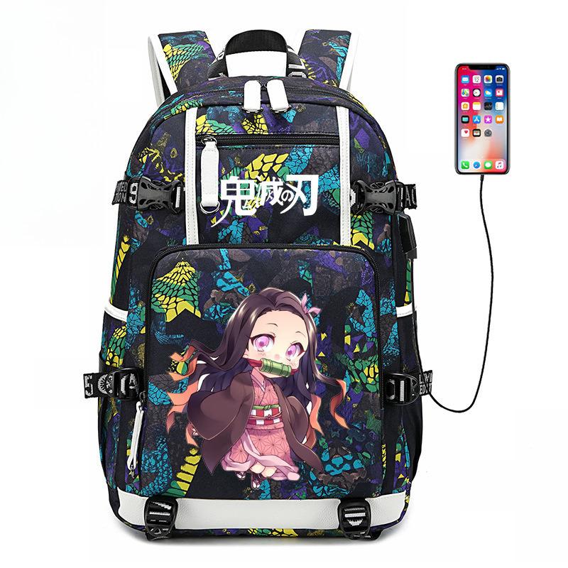 Japon dessin animé bande dessinée Demon Slayer Sac à dos élégant avec interface USB et grande capacité 0005