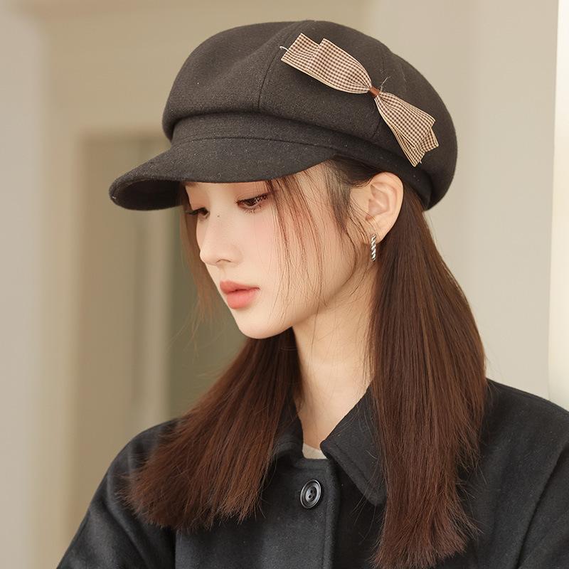 Women's Hat with Versatile Bow Octagonal Hat Big Head Circumference Showing Face Small Duckling Hat Retro Newspaper Boy Hat