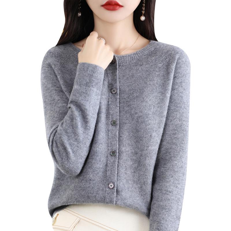 Premium Women's 100% Wool Knitted Cardigan - Slim Fit, Round Neck, Seamless Design for Autumn & Winter