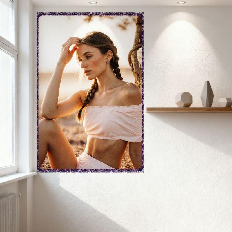 Sexy Light Brown Hair Dutch Braid Woman Desert Sunset Tin Sign - Off-Shoulder Pink Crop Top & Shorts, Golden Hour Outdoor Scene