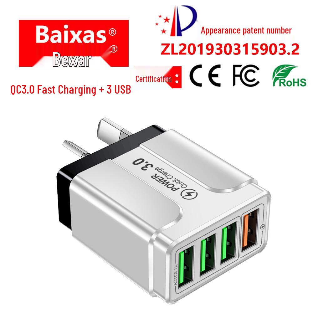 QC3.0 Fast Charging 4-Port USB Mobile Charger with EU/UK/AU Plug