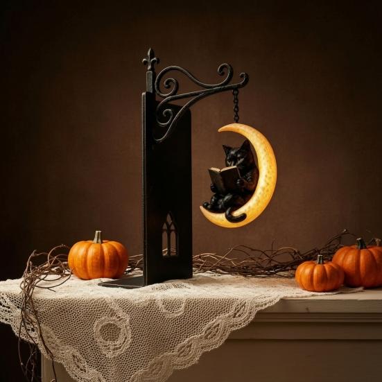 Decorative Metal Bookends for Shelves Gothic with Hanging Light, Cat Raven Ghost Unique Study Room Accessories Bookshelf Lamp, Vintage Church