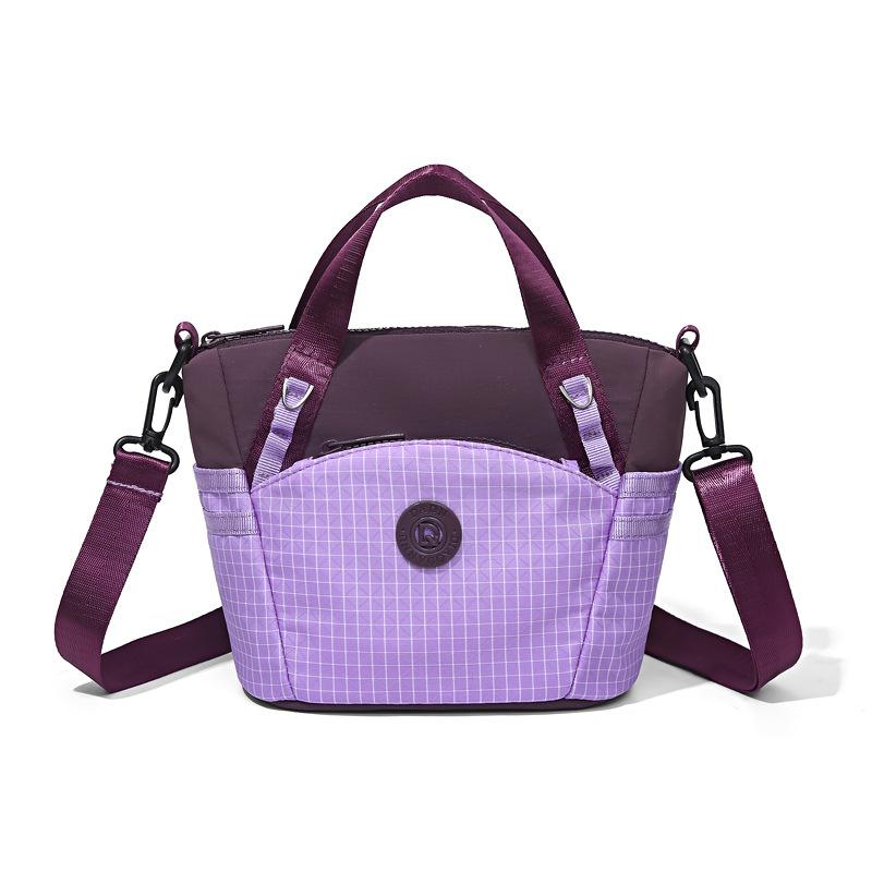 Colorblock Nylon Mini Tote Bag with Grid Pattern Front Pocket Crossbody Casual Small Shoulder Purse for Daily