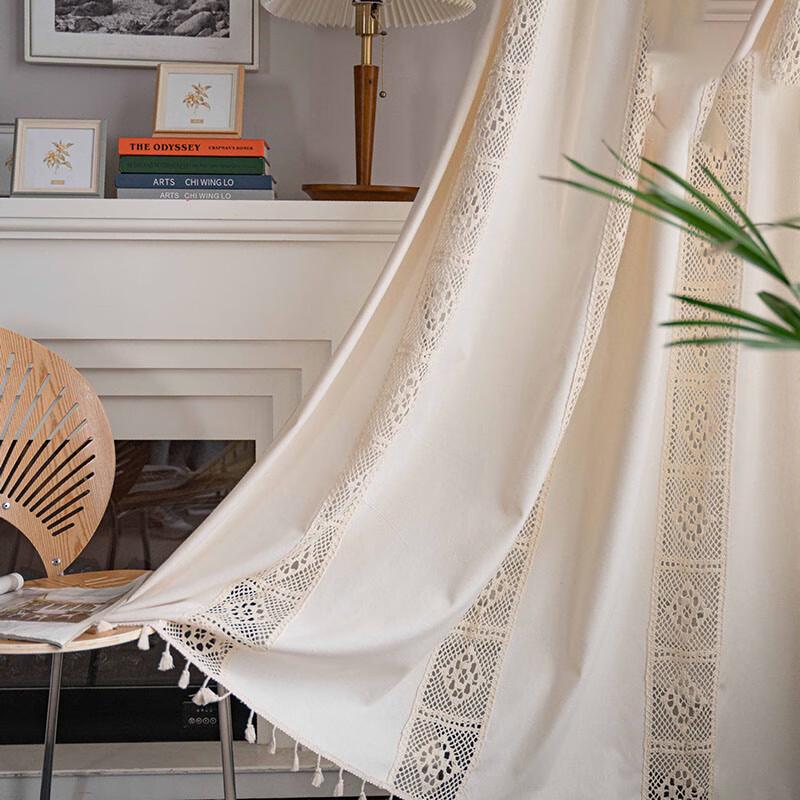 Beige Crochet Splicing Rod Pocket Short Curtain