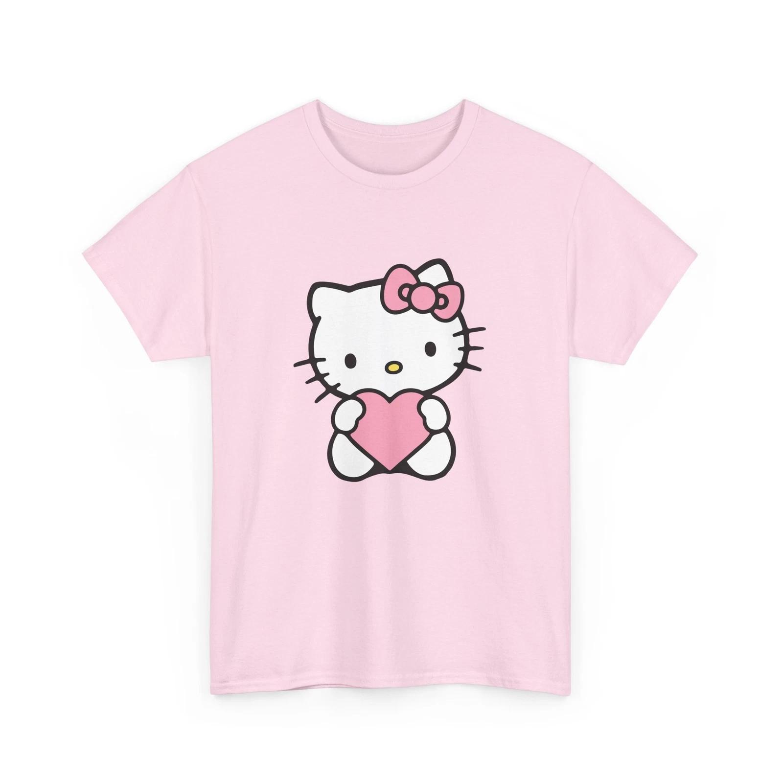 Милая Футболка Hello Kitty с Сердечком Унисекс 100% Хлопок Мужские Футболки Топ Тяжелый Хлопок Каваи Мультяшный Подарок 4XL
